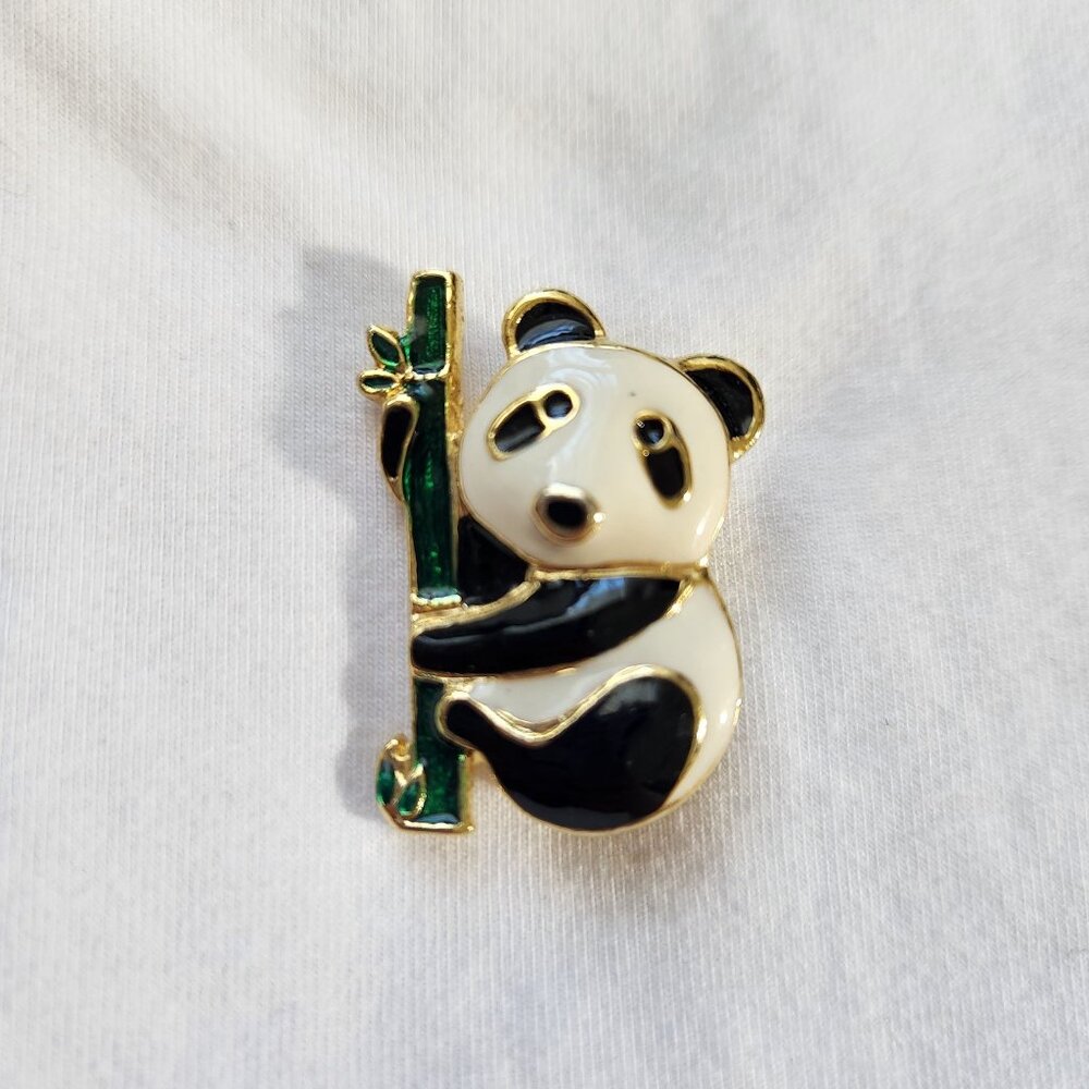Vintage Panda Bear Enamel Brooch Pin Gold-Tone Metal With Green Bamboo Accent